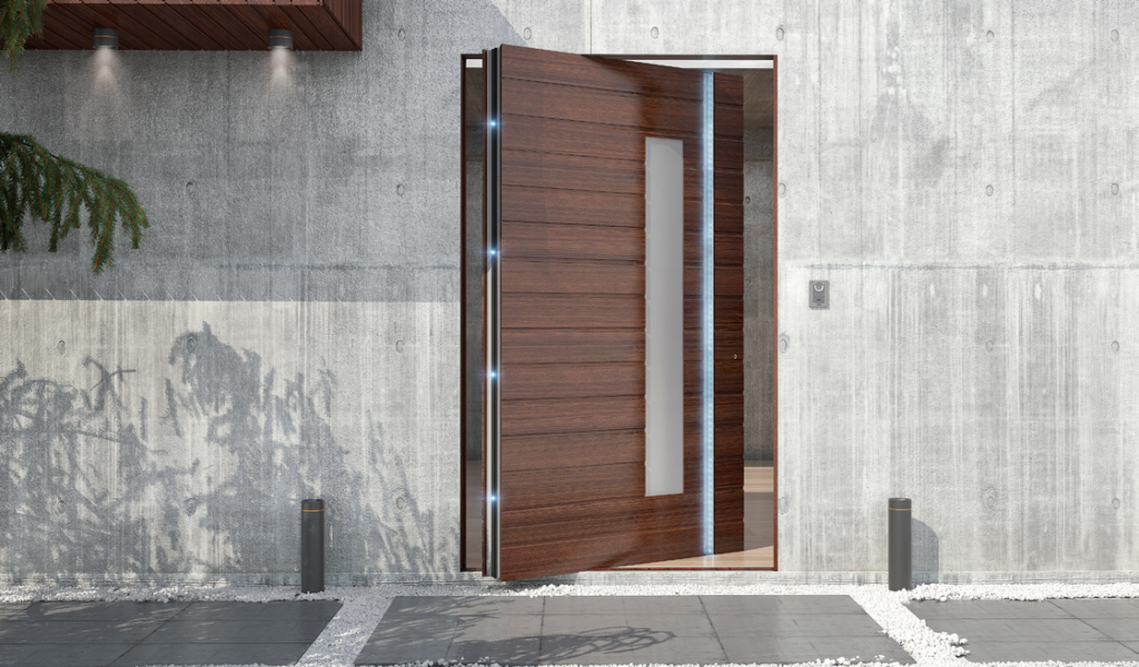 Wooden Pivot Door with LED, on a Concrete Home